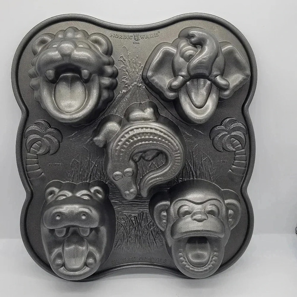 Nordic Ware Hungry Animals Cake Mold Hippo Monkey Lion Cast Aluminum Nordicware - Picture 1 of 14